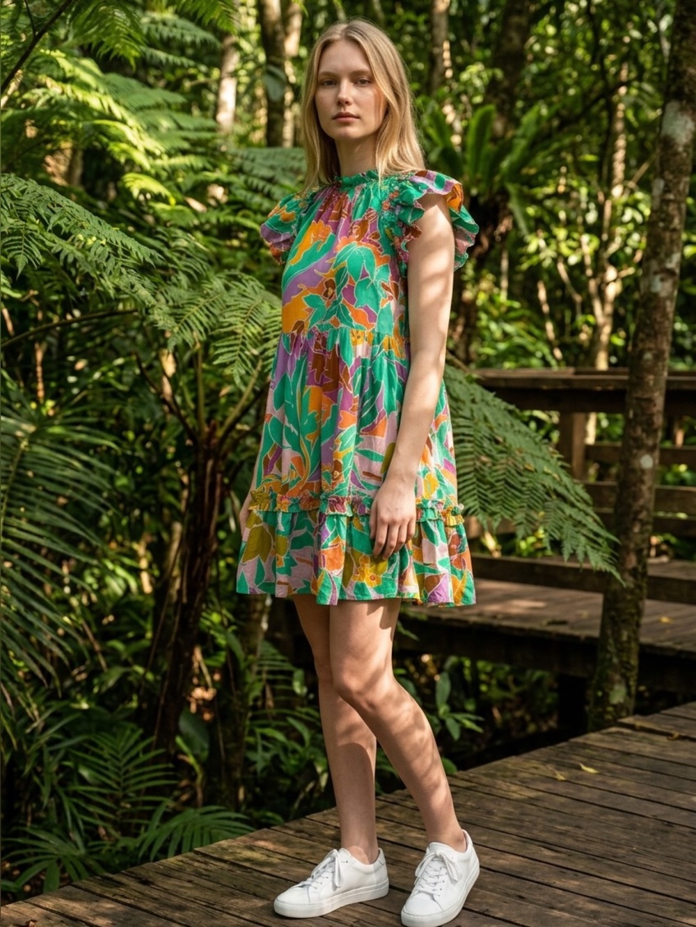 House of Harlow 1960 Bright Floral Mini Dress in Green, Purple, Orange, Pink